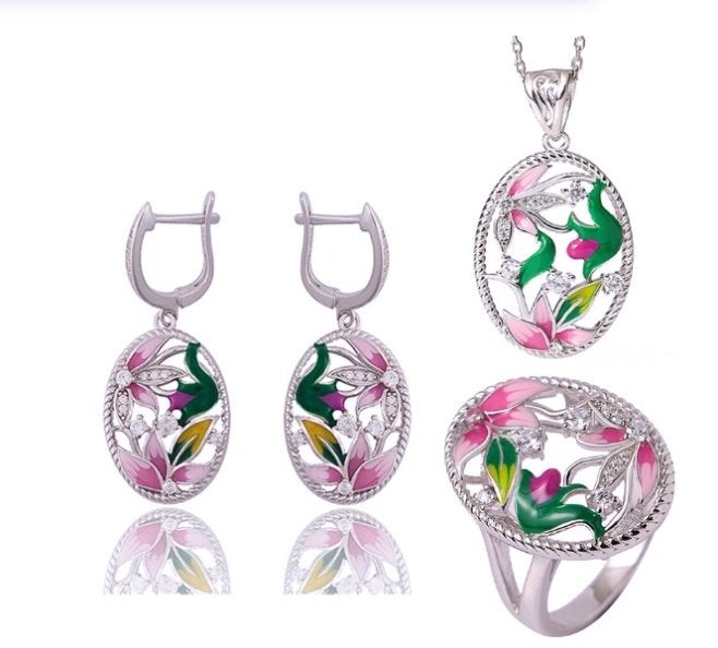 Lotusbloemen 925 sterling zilveren set, Nieuw, Ophalen of Verzenden, Met edelsteen, Knopjes of Stekers