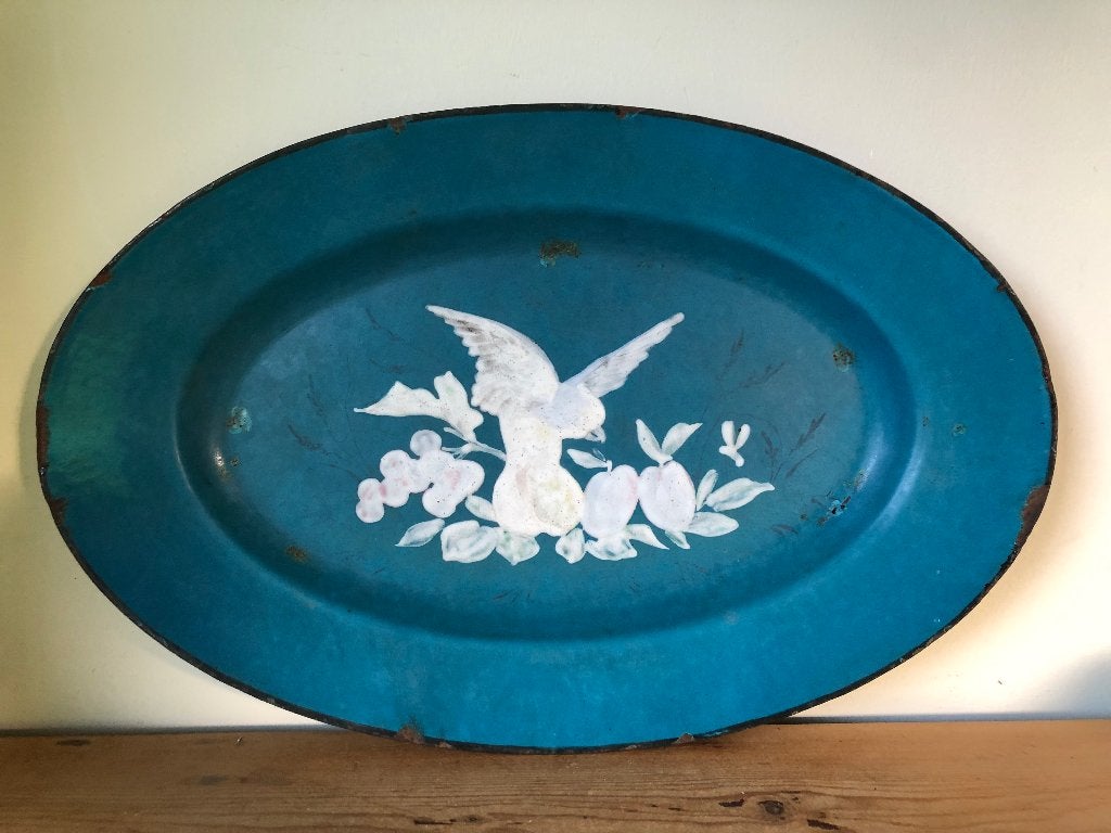 Blauw emaille schaal met dik opgelegde vogel, Ophalen of Verzenden