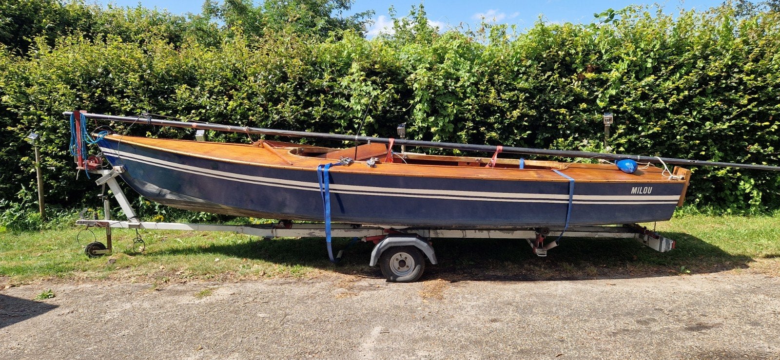 Houten Spanker 5.80 m te koop incl. trailer, Ophalen, Fok, Spanker, Buitenboordmotor