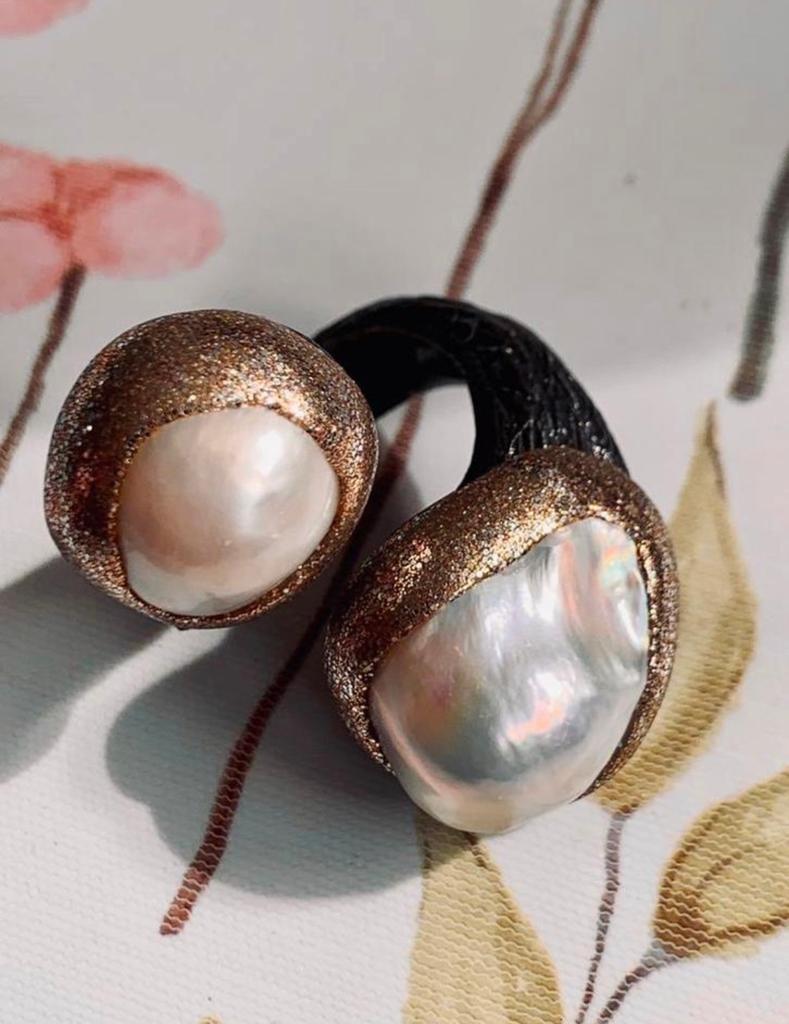 Vintage zilveren ring van 925 sterling 2 nat. barokke parels, Ophalen of Verzenden, Zilver