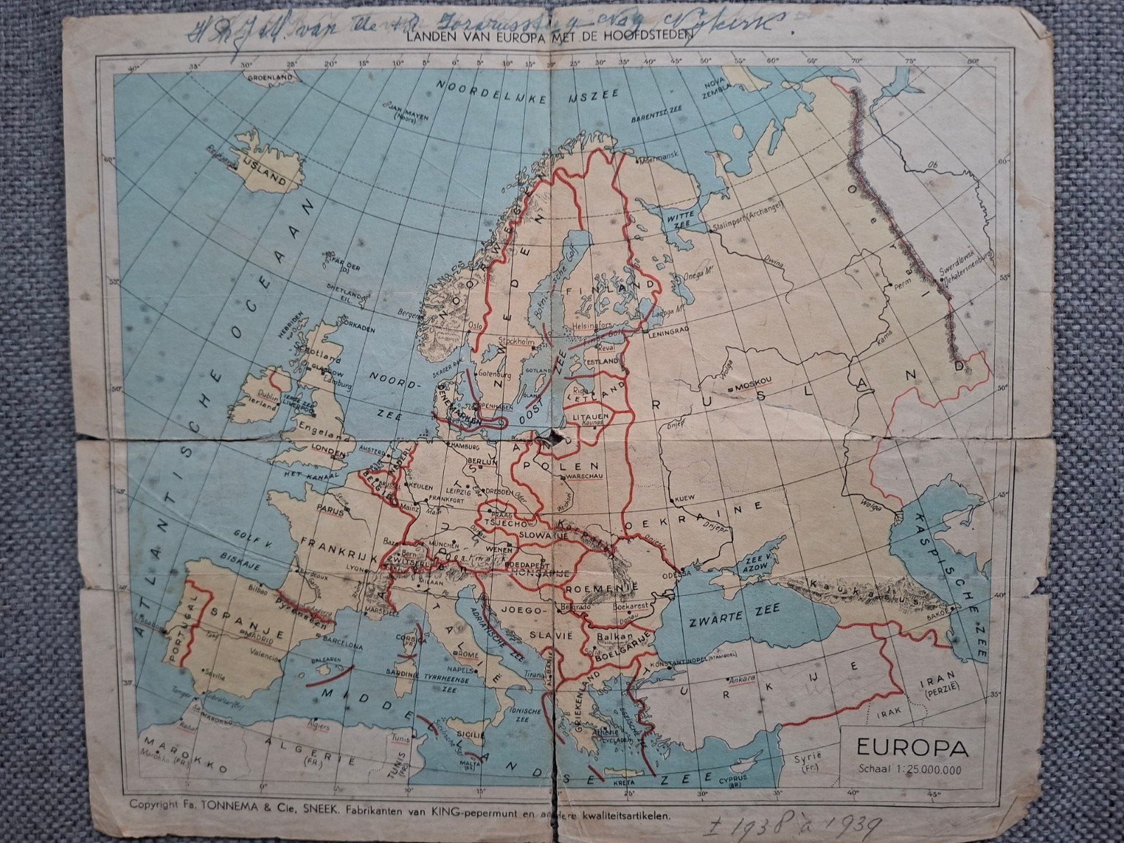 Kandkaart Europa 1939 King pepermunt Tonnema & Cie Sneek, Boeken, Verzenden, Gelezen, 1800 tot 2000, Landkaart