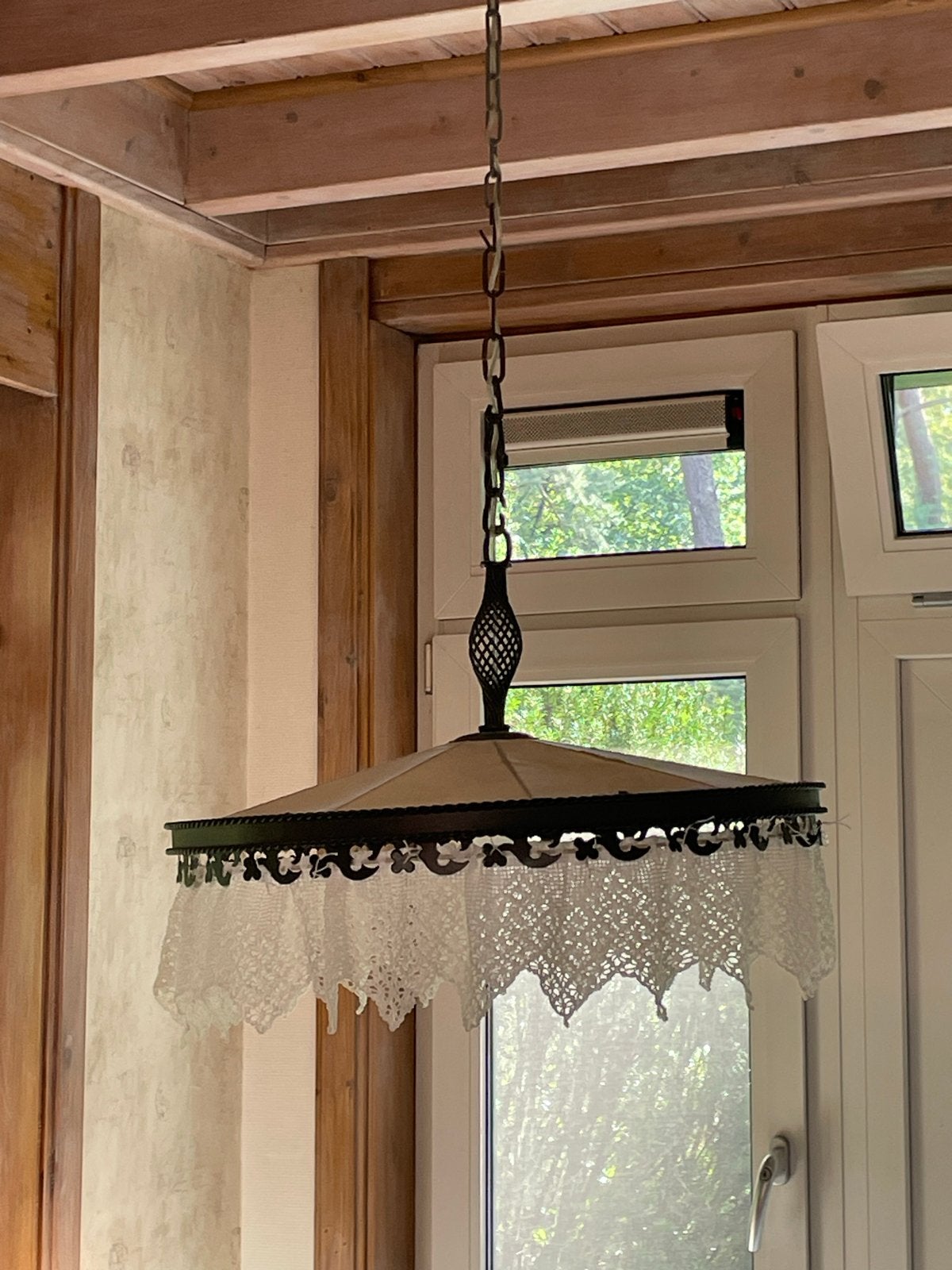 Grote Vintage Hanglamp met Kant en Metaal, Huis en Inrichting, Ophalen, Gebruikt, Metaal, E27 (groot)