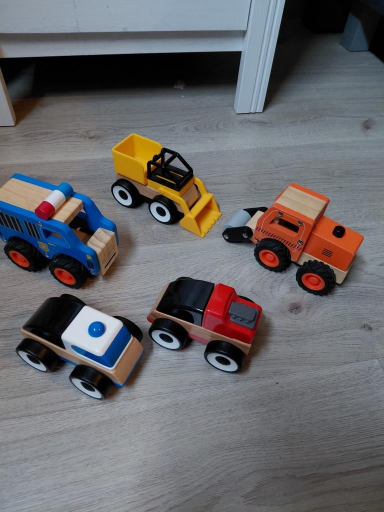 Setje van 5 houten / ikea autootjes, Ophalen of Verzenden