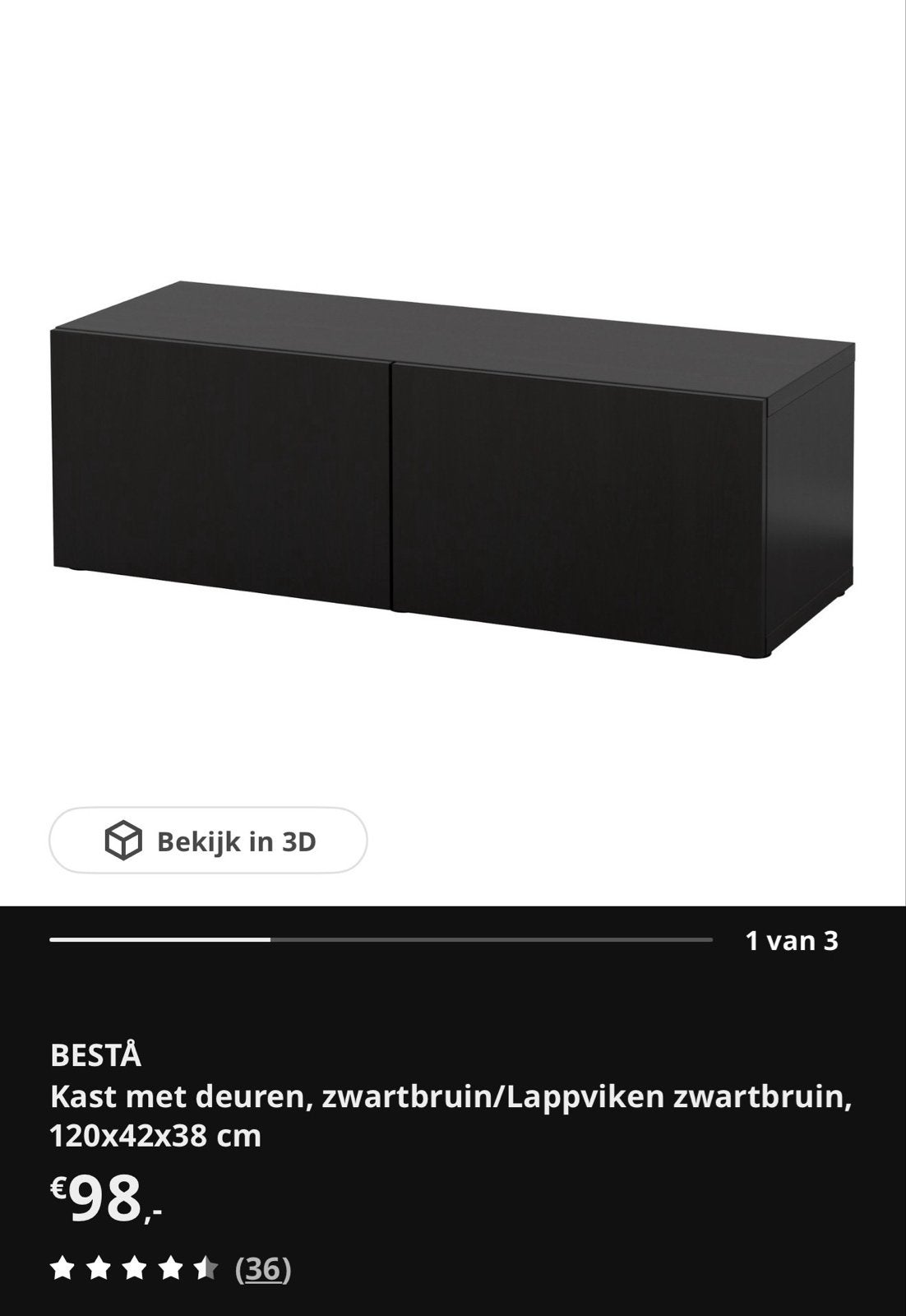 IKEA BESTÅ Kast met deuren, zwartbruin, 120x42x38 cm, Ophalen, 100 tot 150 cm, Zo goed als nieuw, Minder dan 100 cm