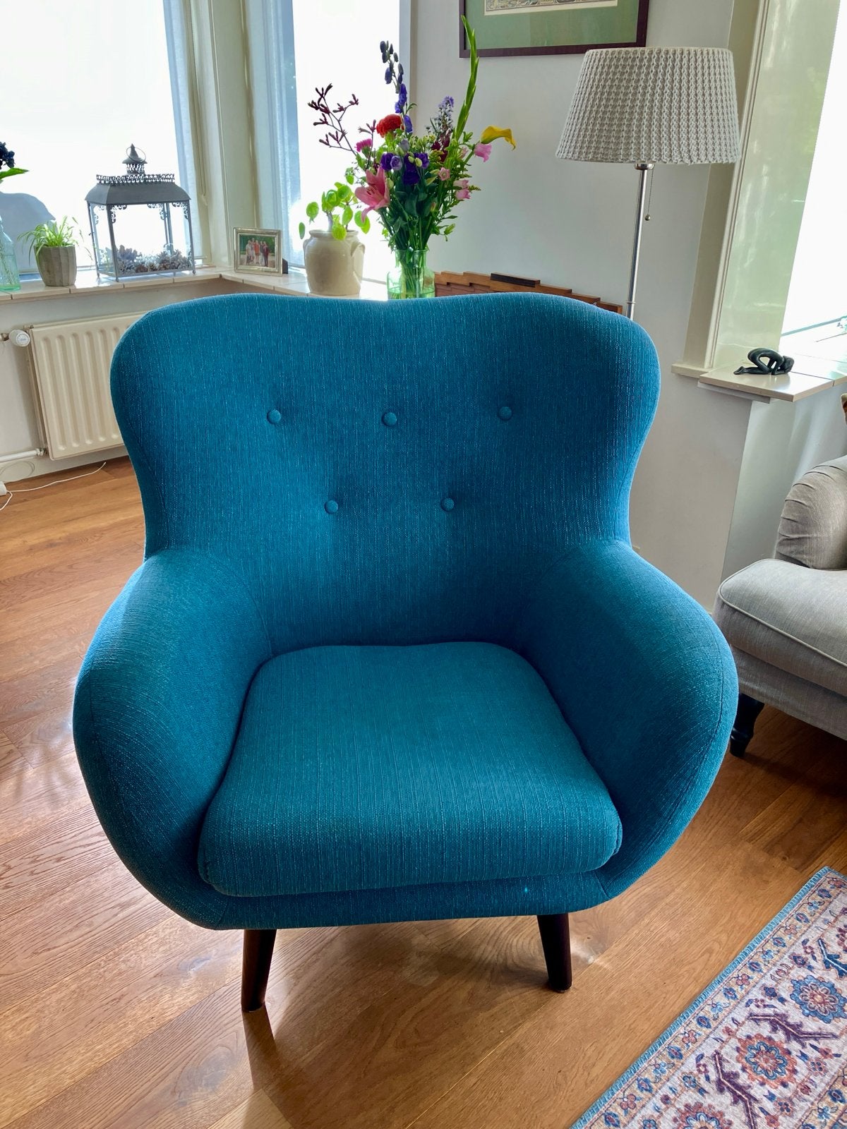 Leuke stoffen fauteuil in turquoise, Ophalen, Gebruikt, Stof, 75 tot 100 cm