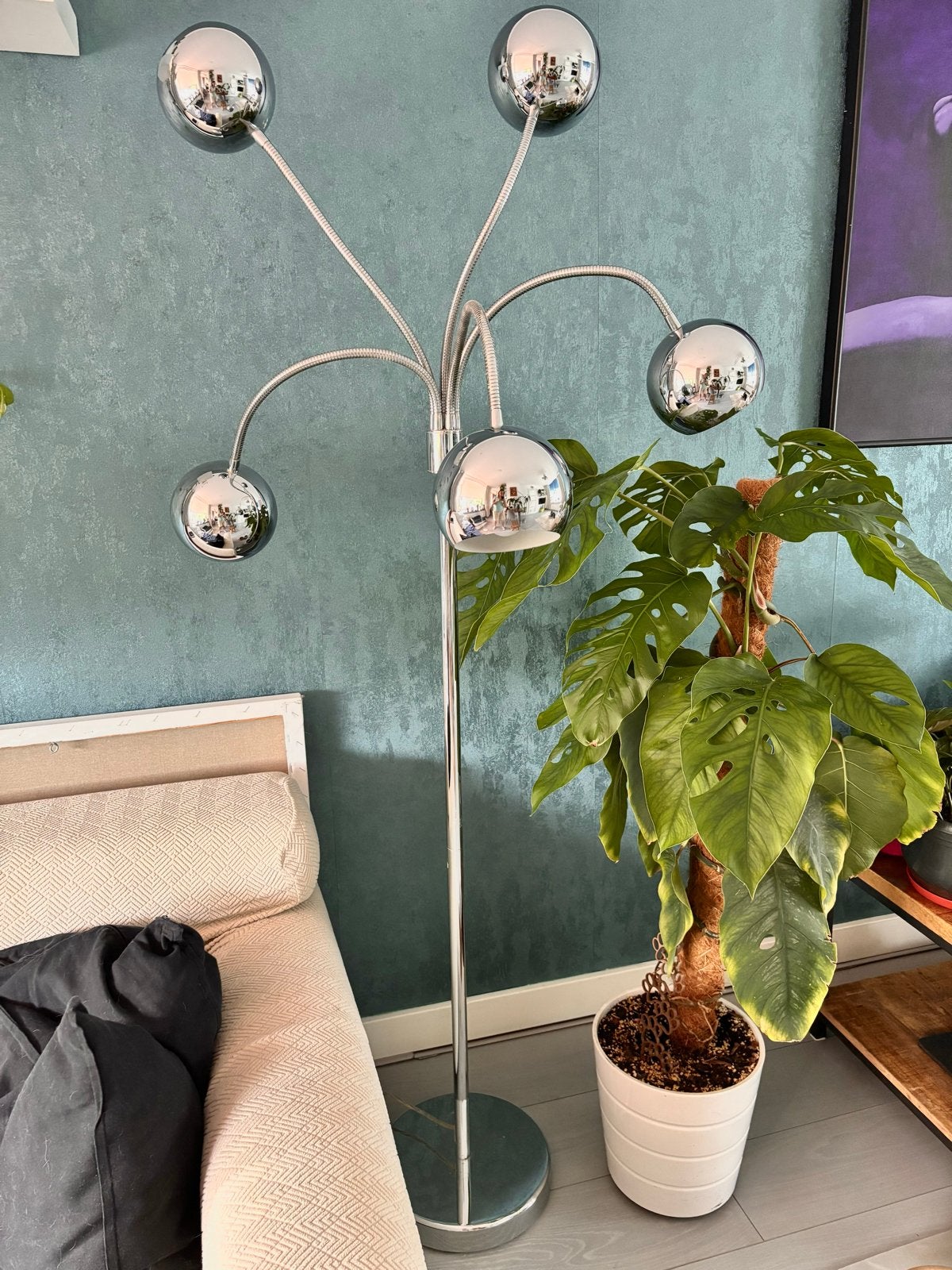 Chromen vloerlamp met vijf buigbare bollen, Ophalen, Gebruikt, Metaal, 150 tot 200 cm