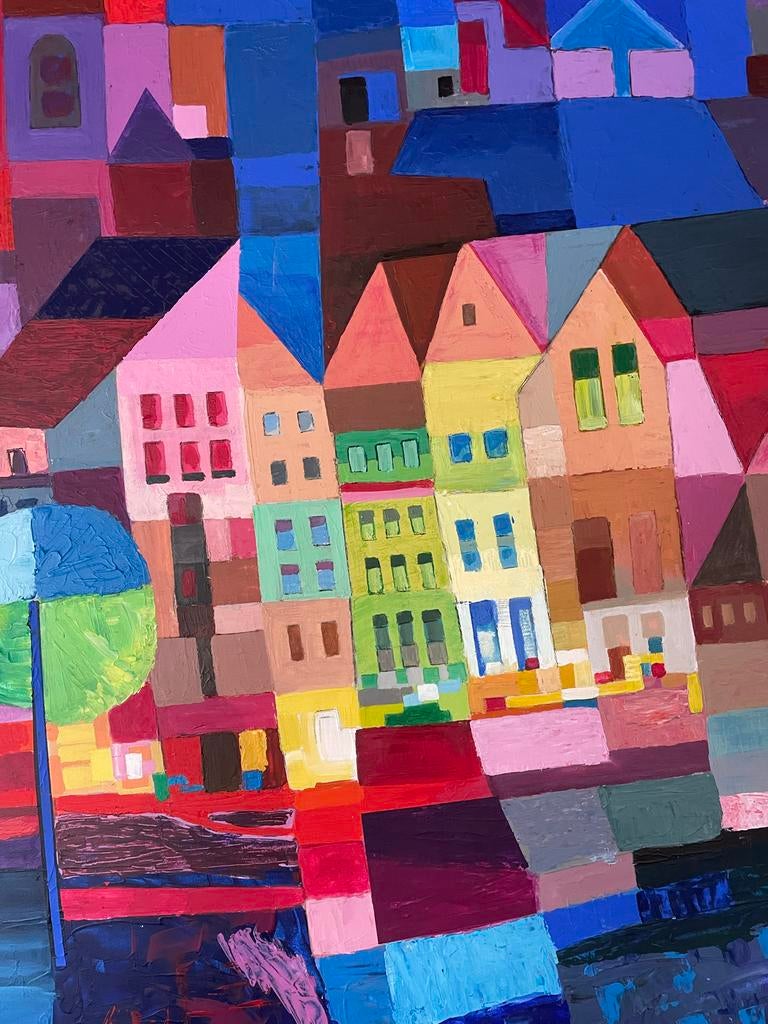Groot modern schilderij met kleurrijke huizen, Ophalen