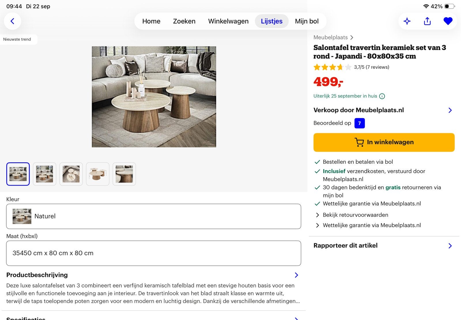 Salontafel rond 80 cm hoog 35cm, Tickets en Kaartjes, Eén persoon, Cadeaubon