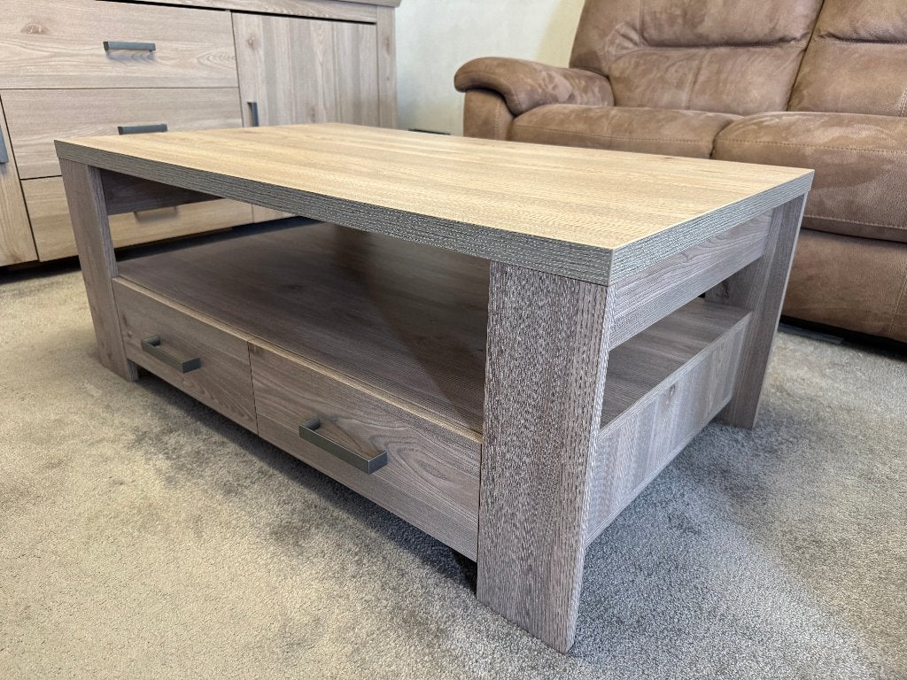 Salontafel met lades in nieuwstaat, Huis en Inrichting, Tafels | Salontafels, Ophalen, Minder dan 50 cm, 100 tot 150 cm, Eikenhout