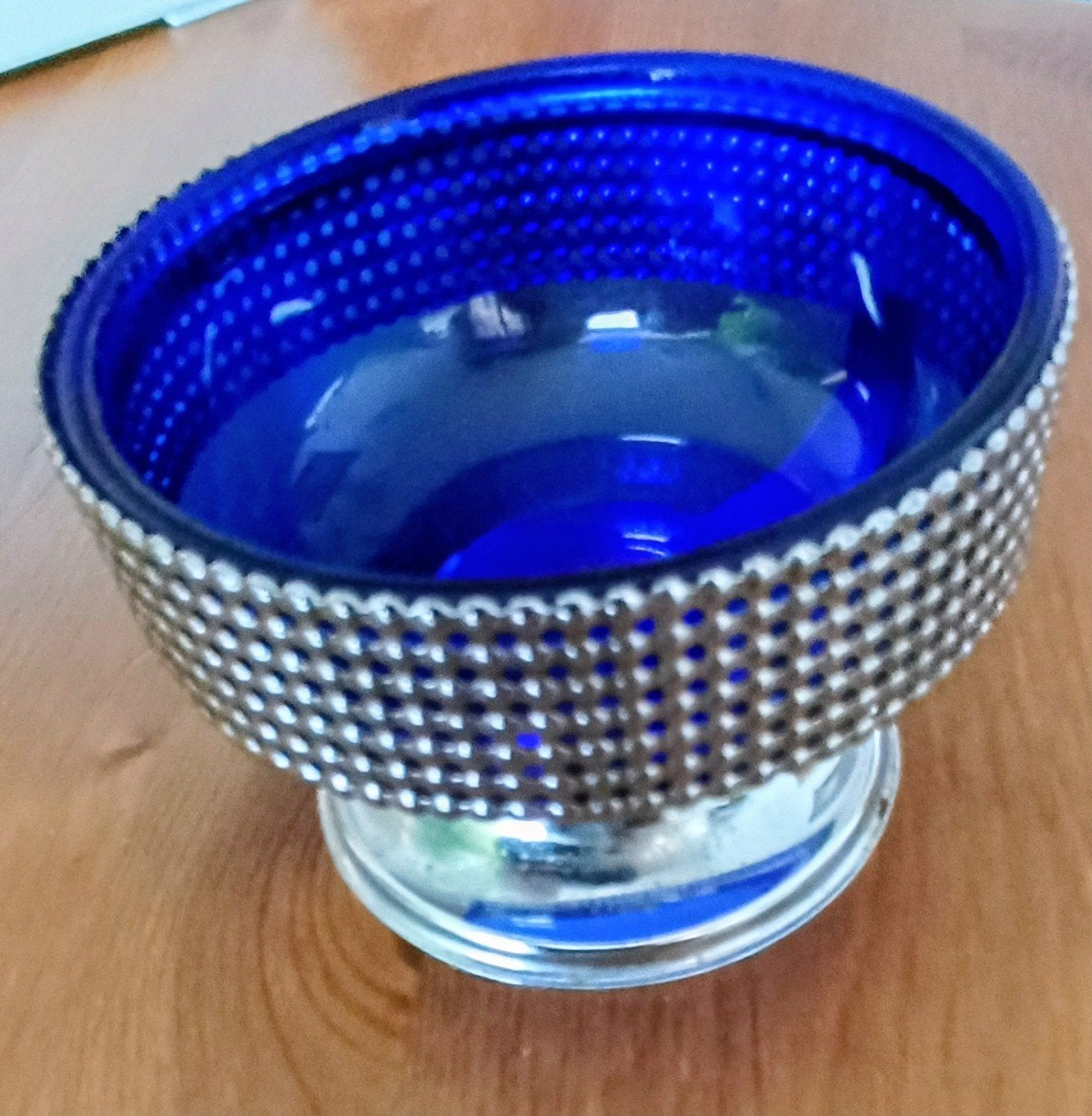 Vintage Kobaltblauwe Glazen Kom met Zilverkleurige Rand, Antiek en Kunst, Ophalen