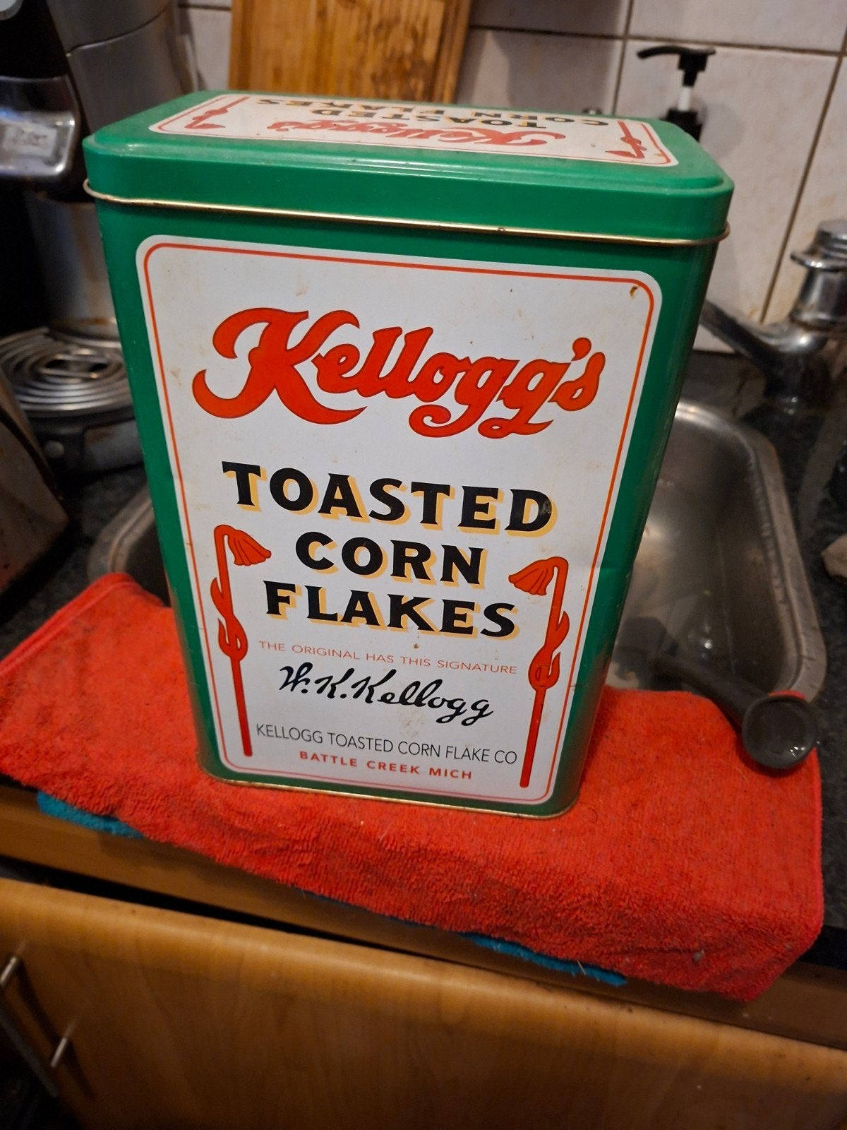 Vintage Kellogg's Cornflakes Blik - Groen, Verzamelen, Blikken, Ophalen of Verzenden, Gebruikt, Overige, Overige merken