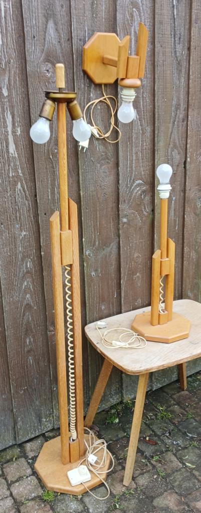 Vintage Houten Lampen Set: Vloerlamp, Tafellamp, Wandlamp, Ophalen of Verzenden, Gebruikt, Vintage, Retro, Hout, Jaren 70
