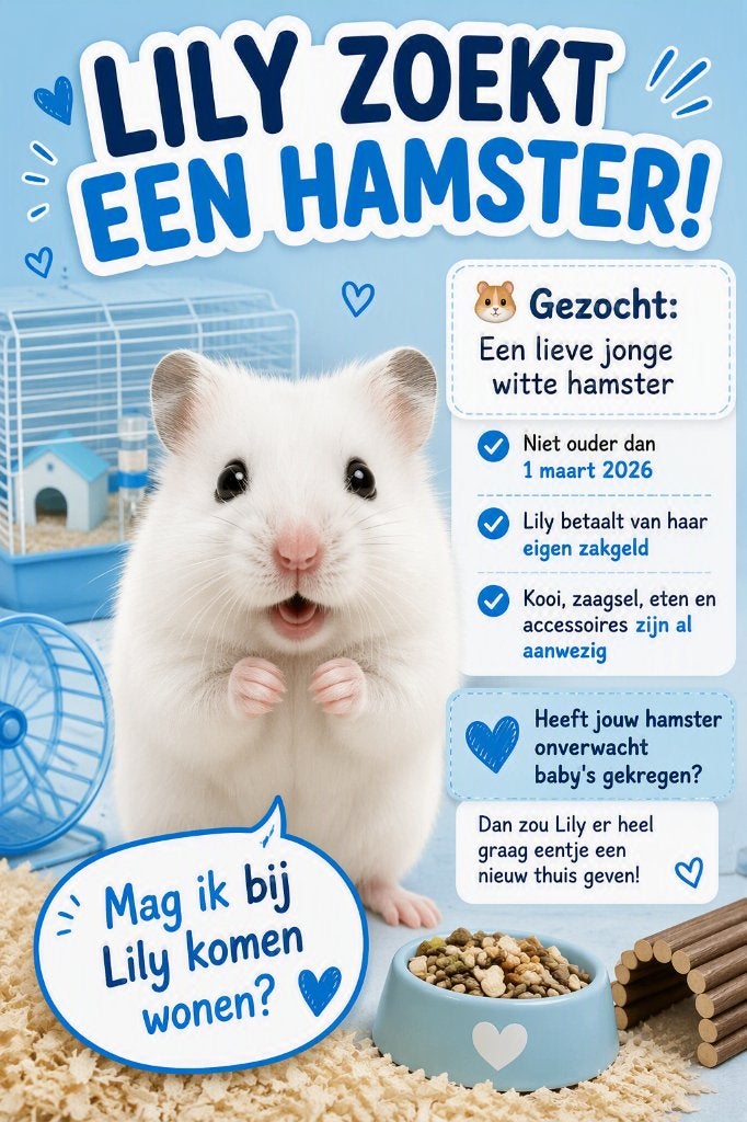 Gezocht Hamster voor Dochter Lily, Dieren en Toebehoren, Knaagdieren, Maart, Geslacht onbekend, Hamster
