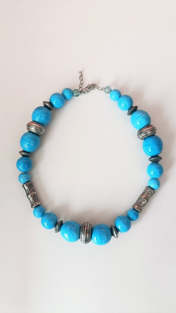 Vintage Lichtblauwe / turquoise statement kralen ketting, Overige materialen, Blauw, Ophalen of Verzenden, Verstelbaar