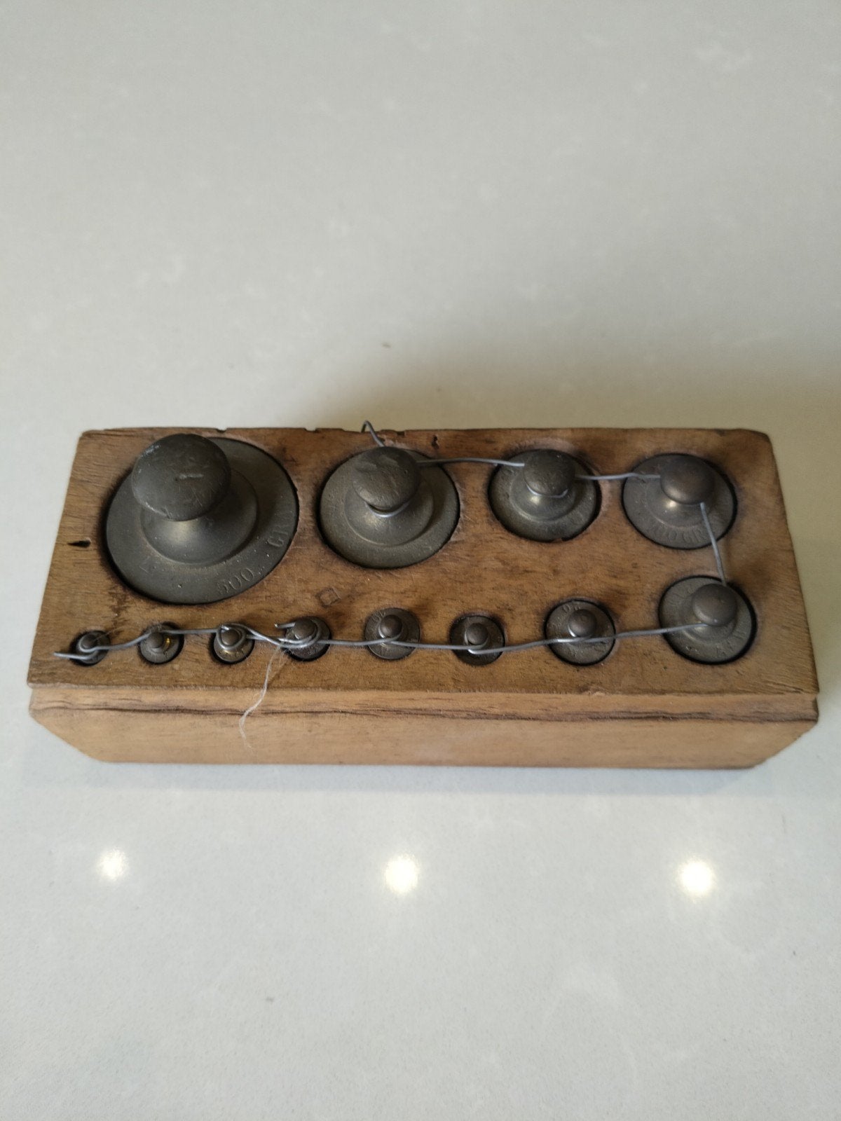 Antieke messing gewichten set in houten kistje, Antiek en Kunst, Ophalen of Verzenden