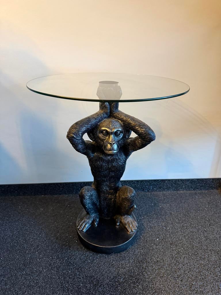 Unieke Bijzettafel Aap met Glazen Blad - Decoratief & Stijlv, Minder dan 55 cm, Rond, Ophalen, 45 tot 60 cm