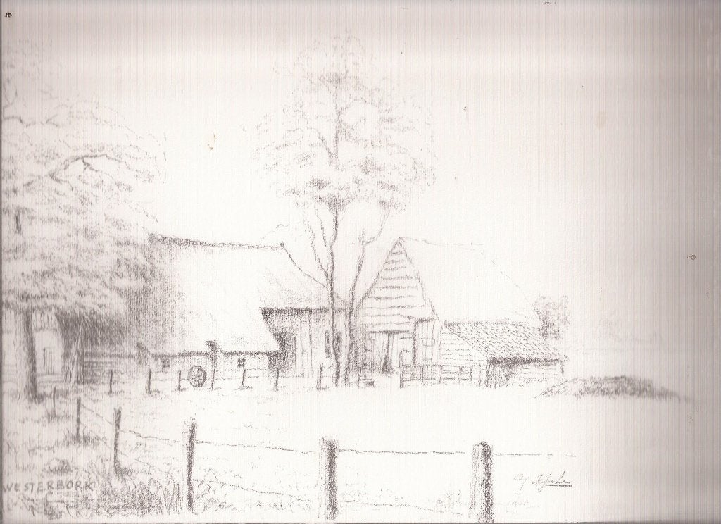 G. IJskes "Westerbork" Boerderij Potloodtekening 60er jaren, Ophalen of Verzenden, Tekening, Potloodtekening, Gesigneerd
