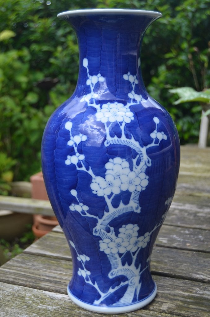 Mooie blauw/witte Chinese vaas, gemerkt, Blauw, China, 37 cm, Vaas