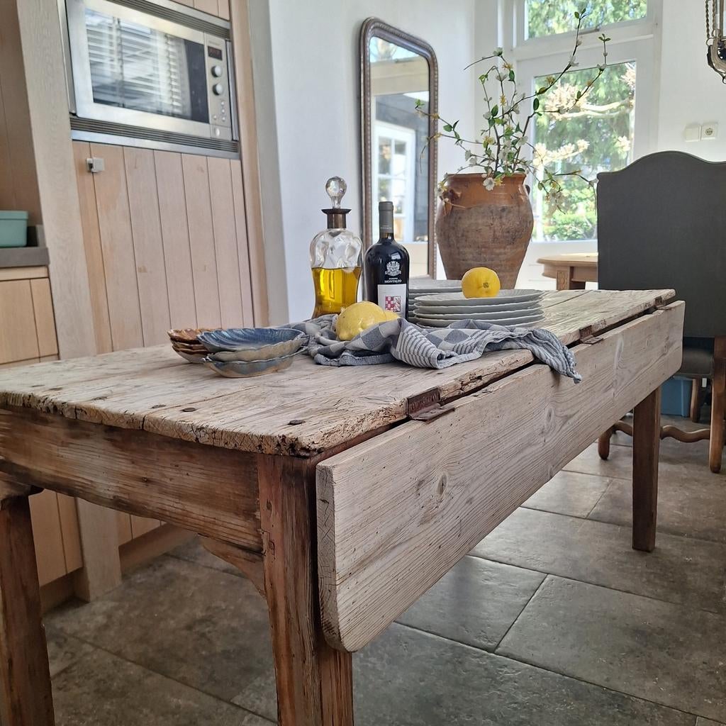 Antieke grenen tafel, uitklapbaar , L 155 cm, Ophalen