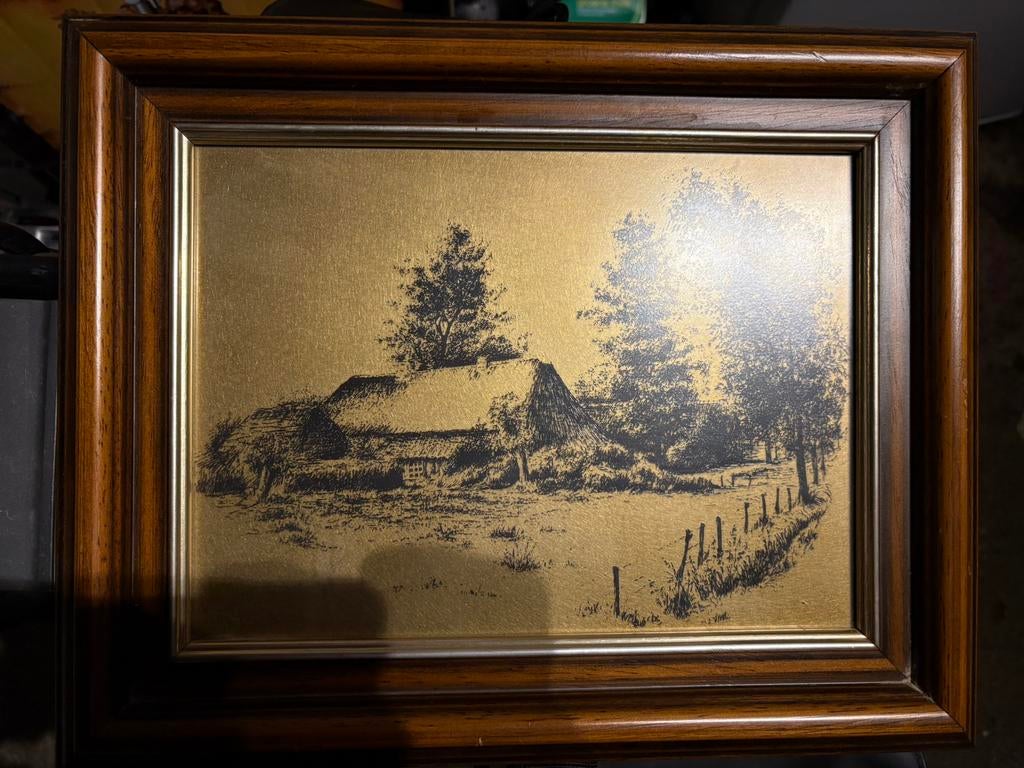 Goudkleurige litho ingelijst., Ophalen of Verzenden