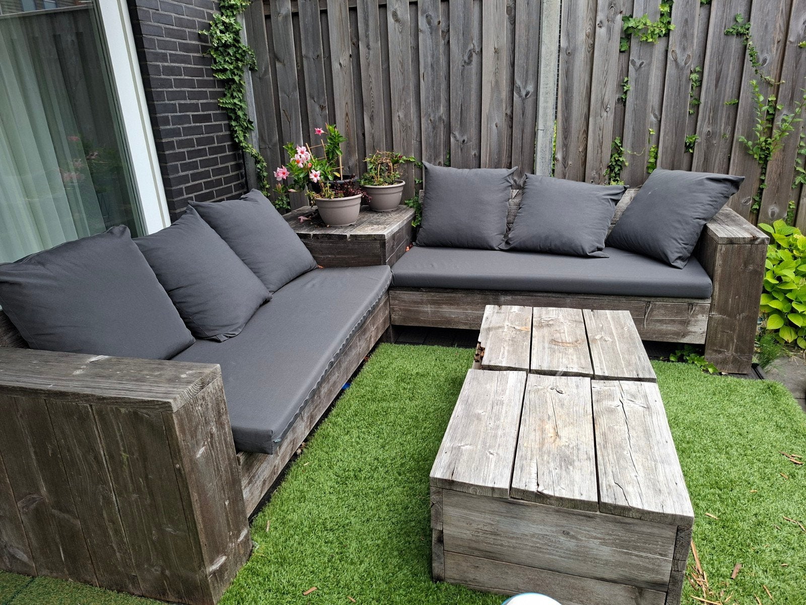 Steigerhouten loungeset met kussens, Ophalen, Gebruikt, Meer dan 8 zitplaatsen, Steigerhout