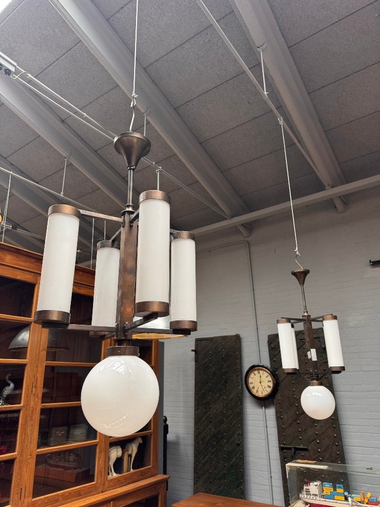 Vintage messing hanglamp met melkglas, Huis en Inrichting, Lampen | Hanglampen, Ophalen of Verzenden, Zo goed als nieuw, Glas