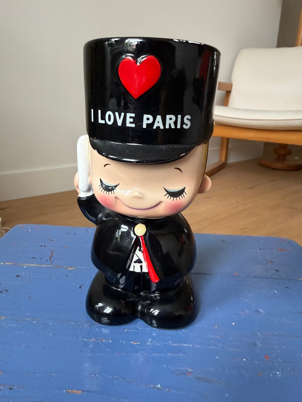 Vintage I Love Paris spaarpot, keramiek, kawaii jaren '60, Ophalen of Verzenden, Gebruikt, Steen, Aardewerk of Keramiek, Overige thema's