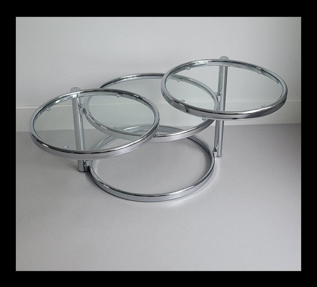 Milo Baughman stijl tafel, jaren 80, chroom en glas, Ophalen, Rond, Glas, 50 tot 100 cm