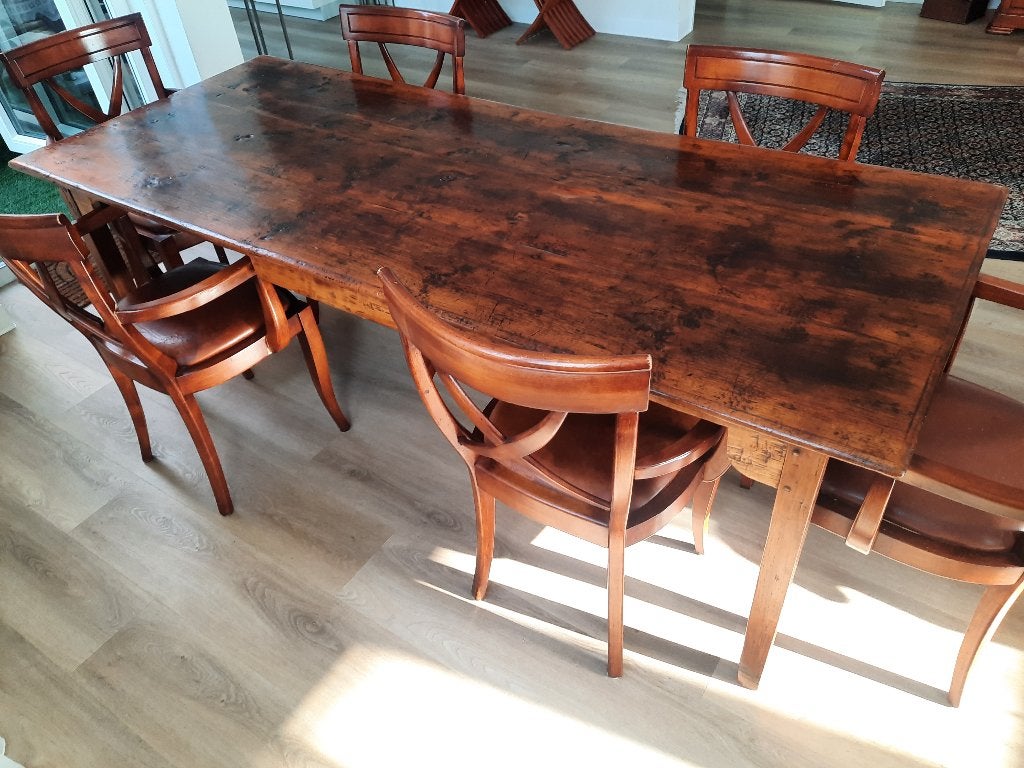 Antieke Koloniale Eettafel met 6 Kruisstoelen, Ophalen, Gebruikt, Koloniaal, 200 cm of meer