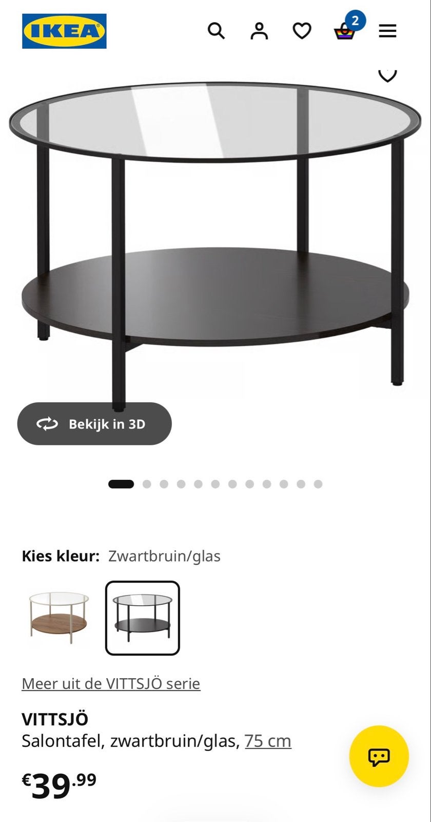 IKEA VITTSJÖ Salontafel glas ø 75 cm, Huis en Inrichting, Ophalen, Gebruikt, Rond, 50 tot 100 cm