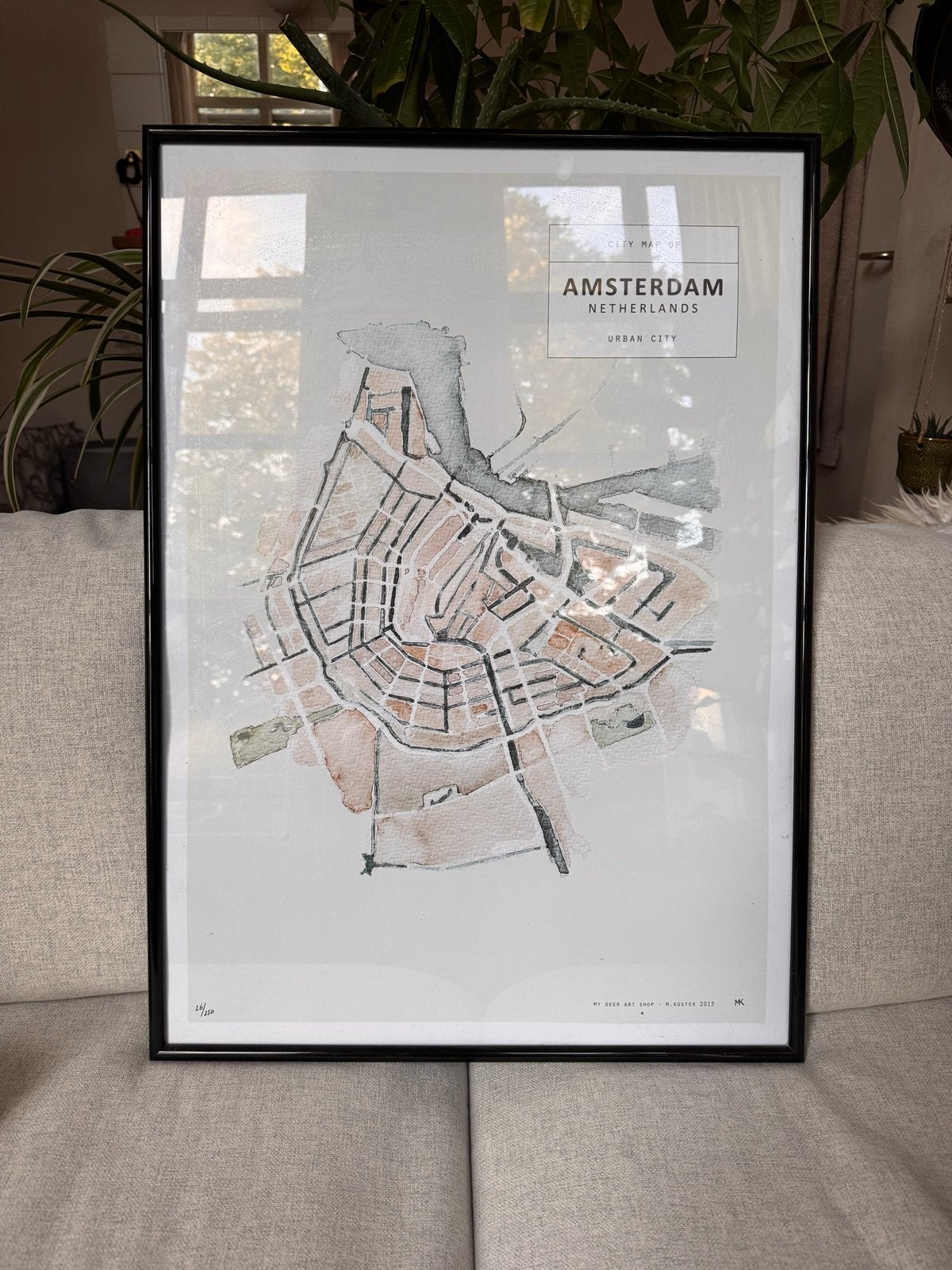 Print van Amsterdam in zwarte lijst - 71x51cm, Ophalen, 50 – 75, Gebruikt, Print