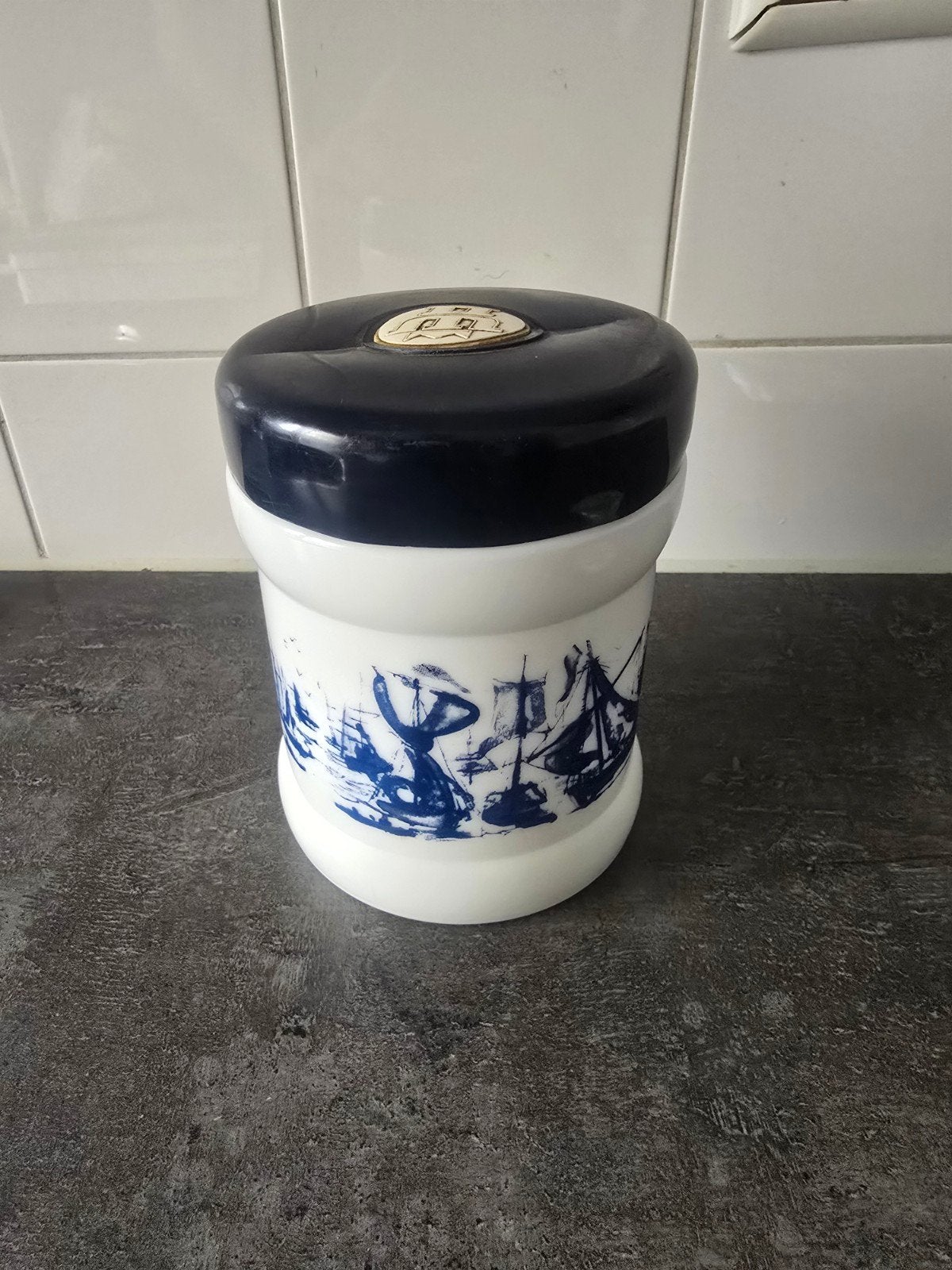 Vintage Delfts Blauw tabakPot met Schepen Decoratie, Ophalen of Verzenden