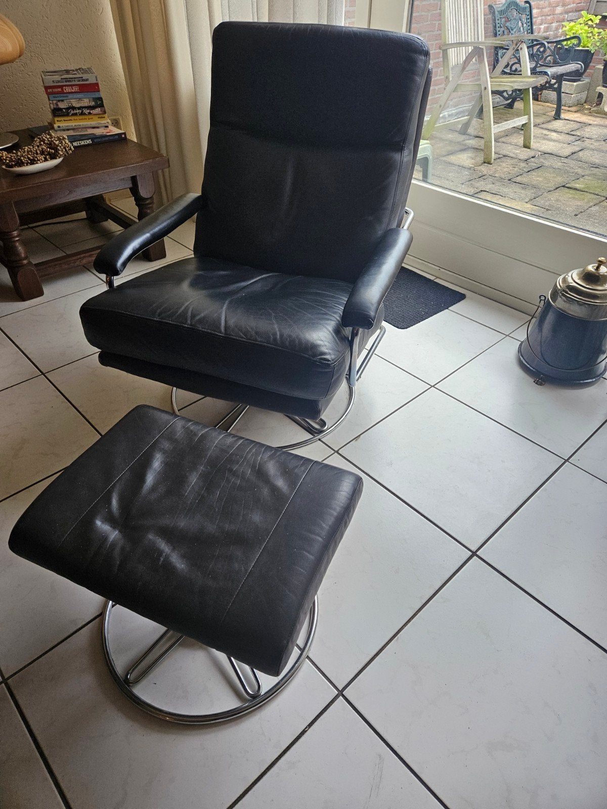 Gelderland Leren fauteuil met hocker., Ophalen, Gebruikt, Modern, Comfort, 75 tot 100 cm