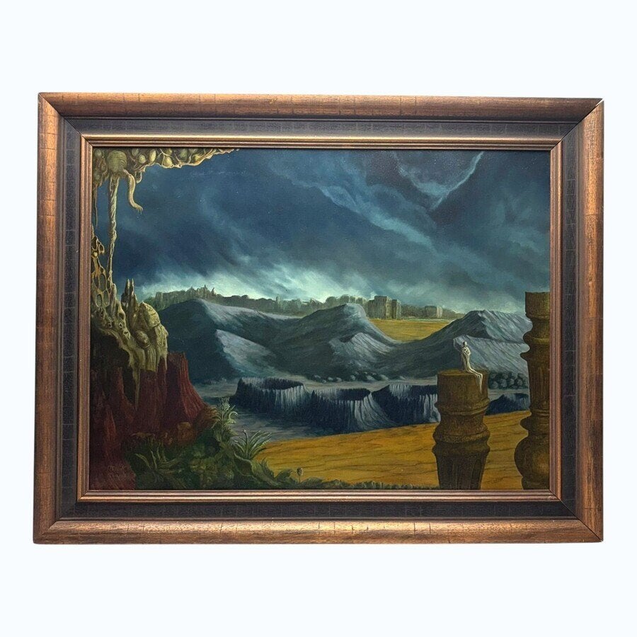 Murk van Stralen (1935-2013) landschap met figuur op zuil, Landschap, Gesigneerd, Ophalen of Verzenden, Olieverf