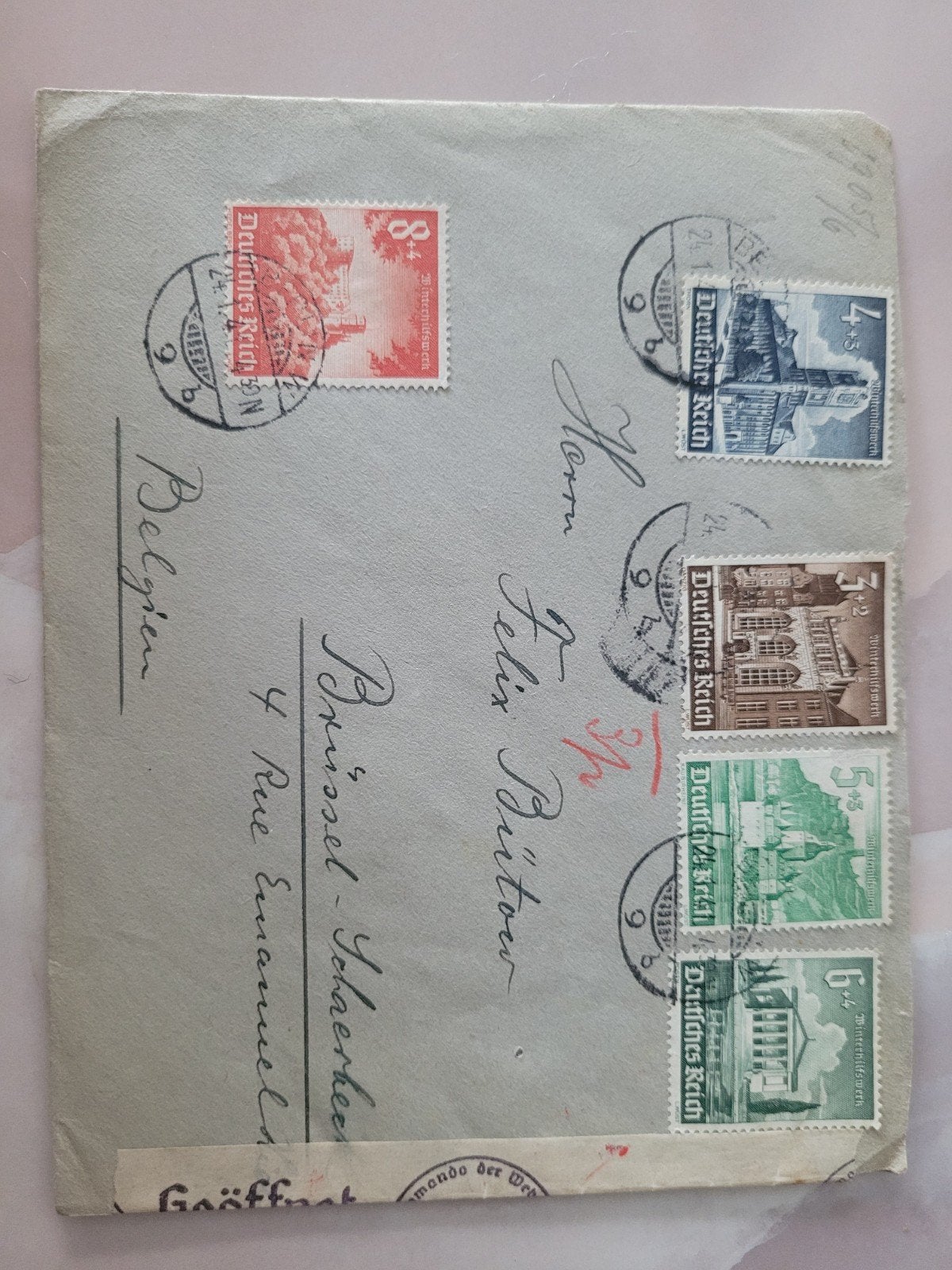 Zeldzame WOII envelop met stempels en censuur, Verzamelen, Ophalen, 1940 tot 1960, Gelopen, Brussel (Gewest)