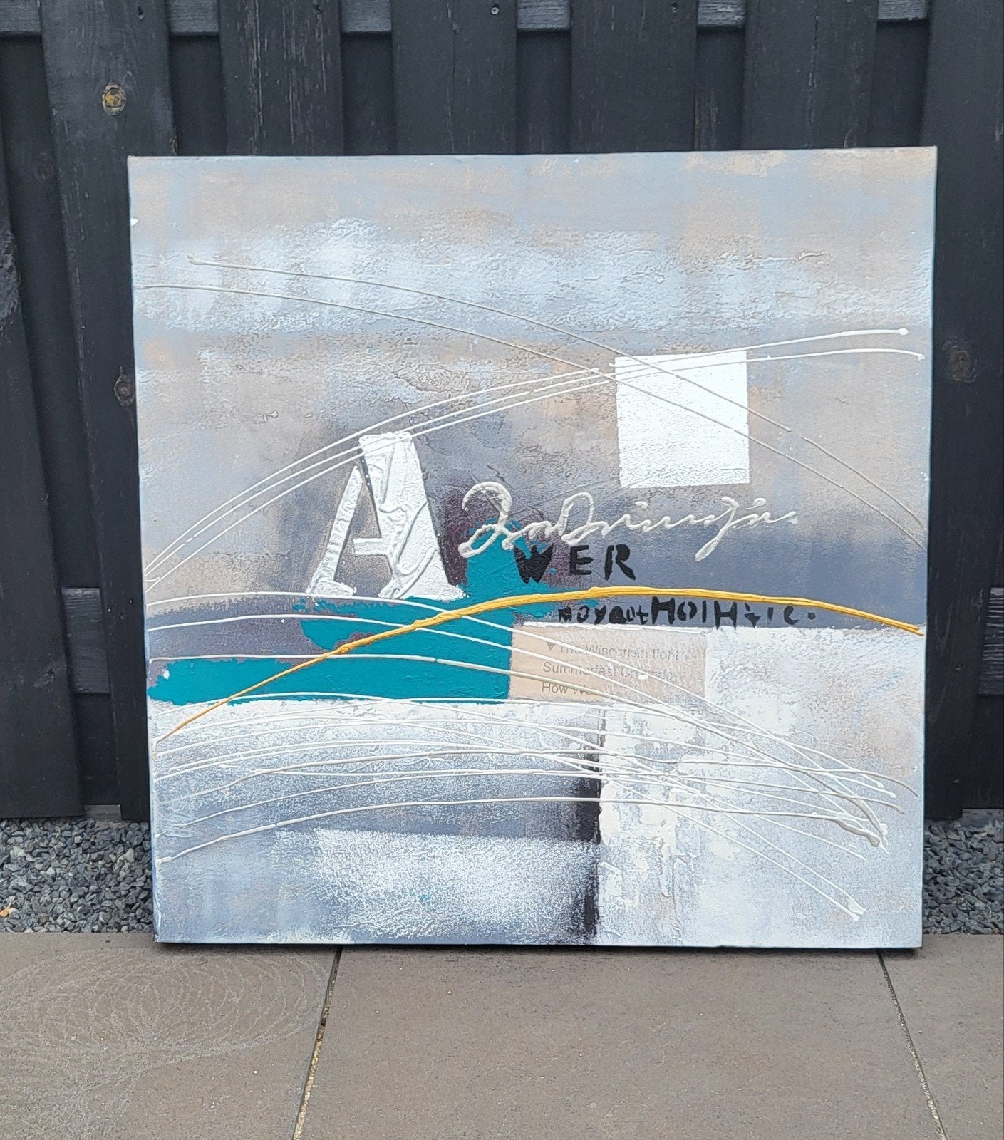 Modern Abstract Schilderij met Tekst en Lijnen, Antiek en Kunst, Ophalen