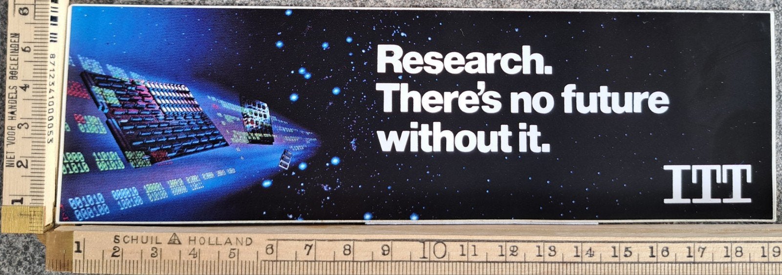 vintage sticker ITT research, there's no future without, Verzamelen, Ophalen of Verzenden, Zo goed als nieuw
