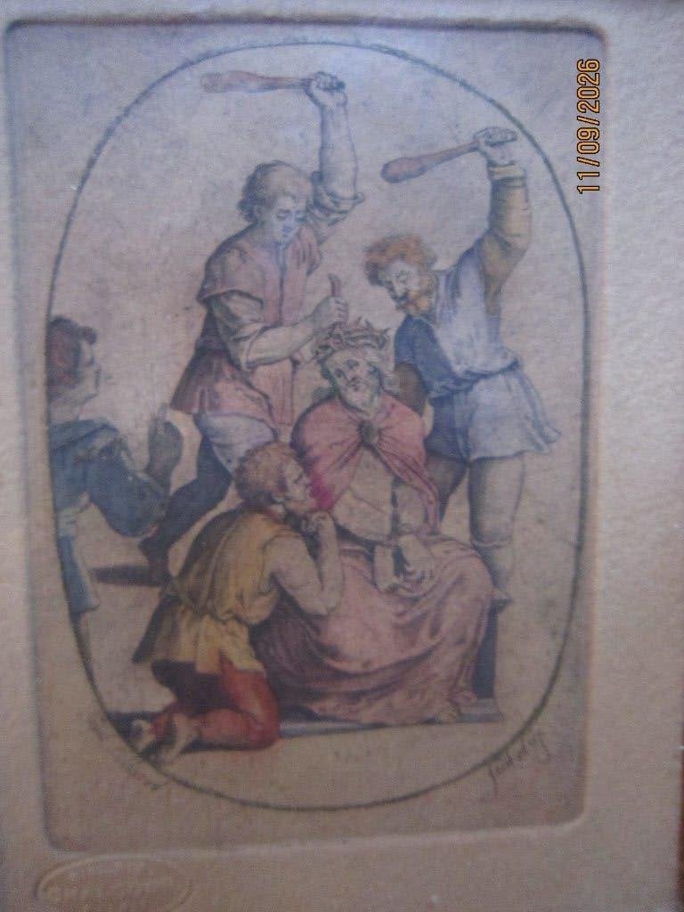 RELIGIE, 17e Eeuwse Kleur ets FLAGELATION,Geseling Jezus, Ophalen
