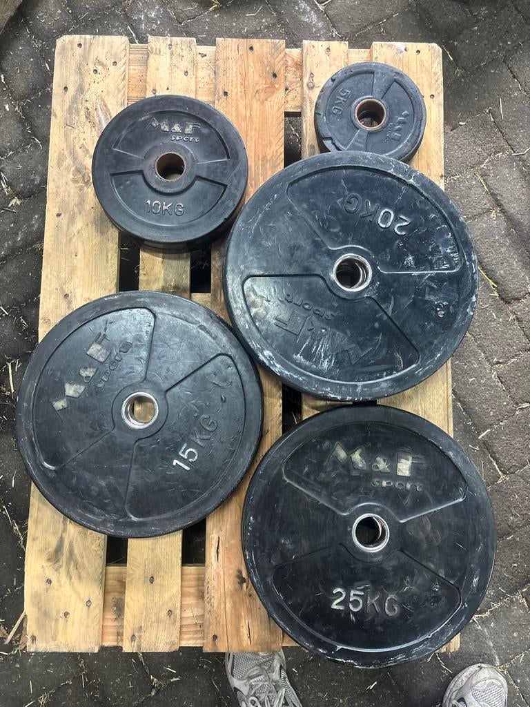 M&F Extra Dunne Bumperplates Set - 190 kg Totaal, Ophalen, Halterschijven, MF, Armen