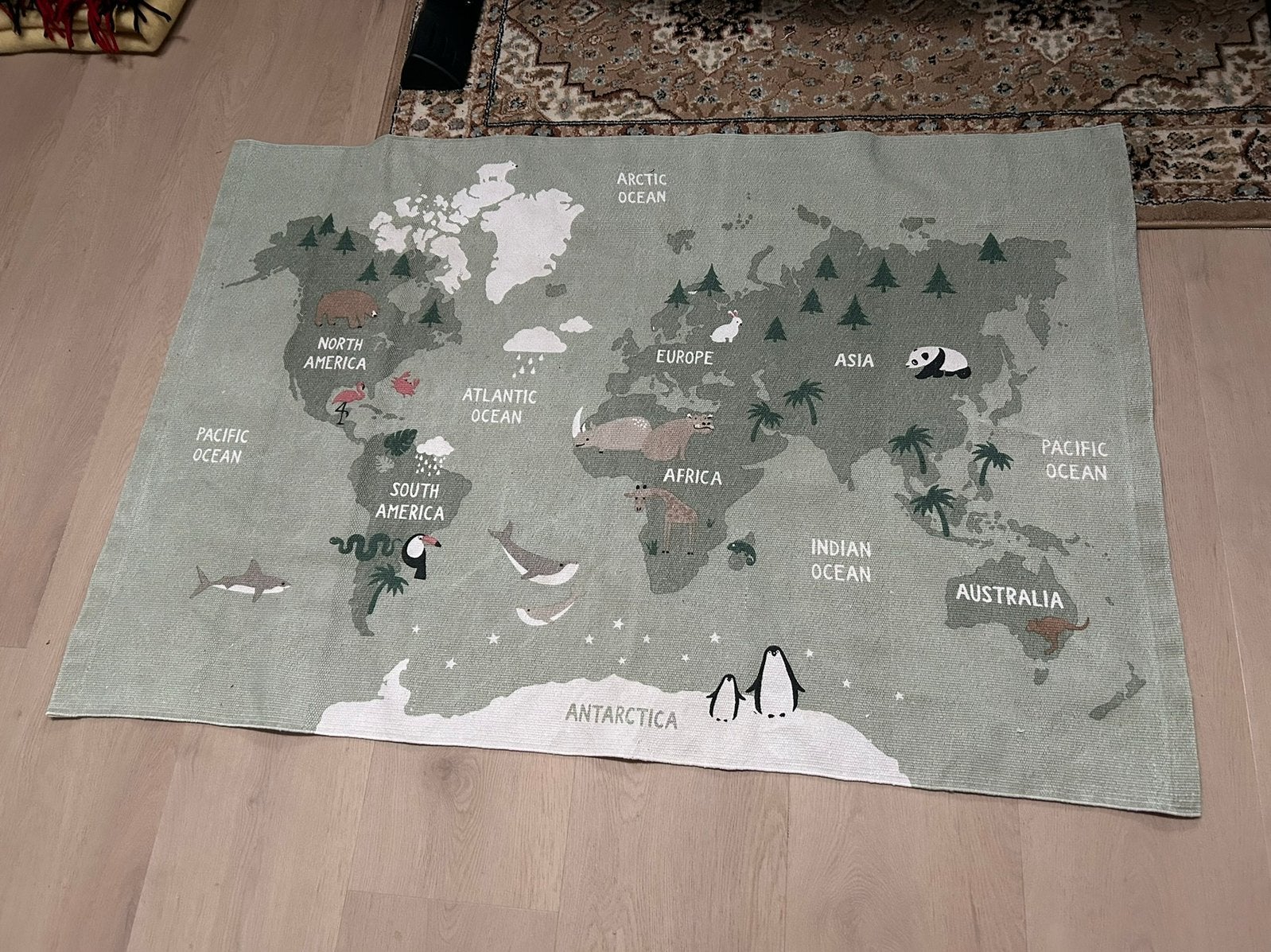 H&M Vloerkleed Wereldkaart Kinderkamer/Speelhoek, 100 tot 150 cm, Zo goed als nieuw, Rechthoekig, Groen