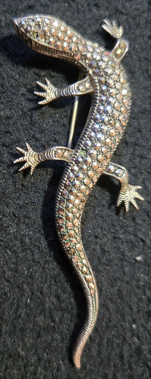 Vintage Zilveren Hagedis Broche met Markasiet, Met kristal, Gebruikt, Ophalen of Verzenden, Zilver