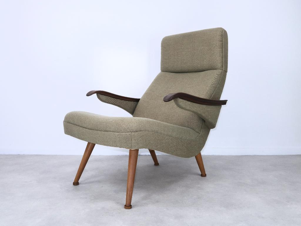 fauteuil lounge hout stof zeer mooie originele staat 50s 60s, Huis en Inrichting, Fauteuils, Gebruikt, Hout, 50 tot 75 cm, 75 tot 100 cm