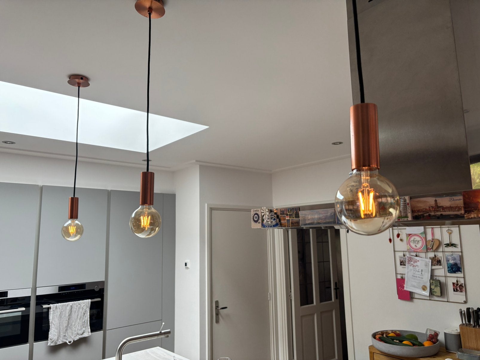 3 moderne koperen hanglampen met LED filament lamp, Ophalen, Zo goed als nieuw, Metaal, E27 (groot)