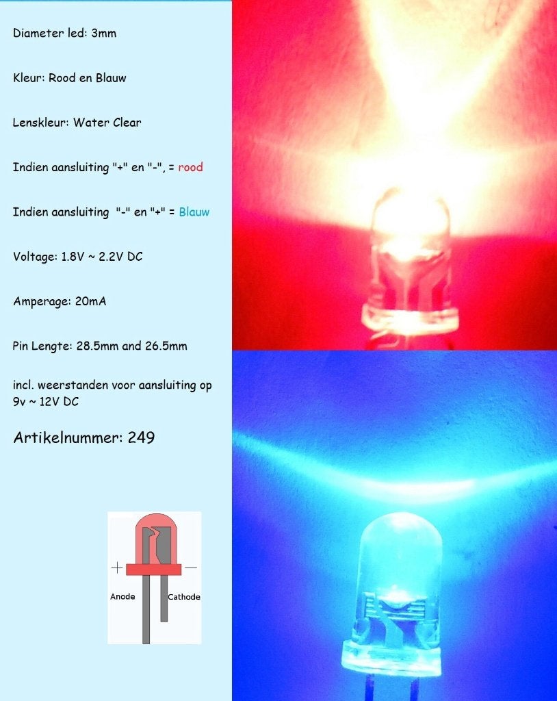 10st. 3mm Dual Bi-Color ROOD/BLAUW Led (249), Overige merken, Gelijkstroom, Brug, Tunnel of Gebouw, Nieuw