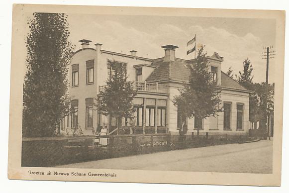 Groeten uit Nieuwe Schans.  Gemeentehuis, Ophalen of Verzenden, 1920 tot 1940, Gelopen, Groningen