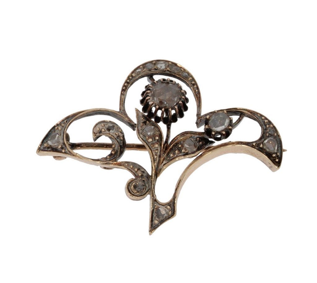 Diamanten zeer fraaie 14k broche goud antiek art nouveau, Ophalen of Verzenden, Goud, Broche, Met edelsteen