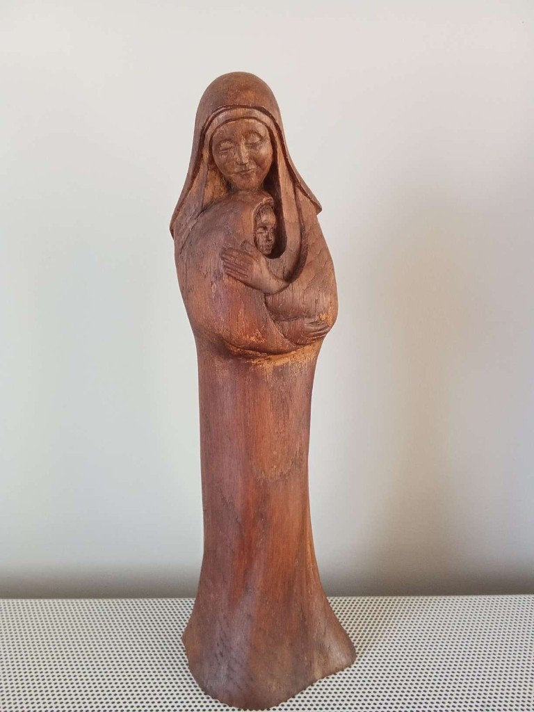 Mariabeeld in hout 36 cm, Ophalen of Verzenden, Gebruikt, Overige typen, Christendom | Katholiek
