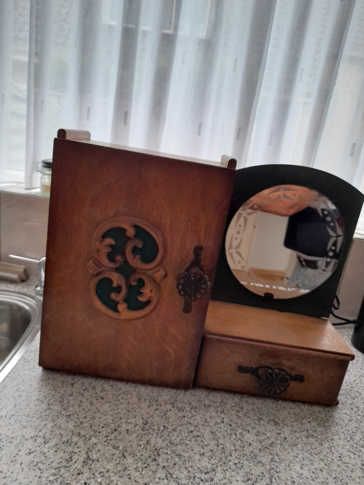 Vintage houten Gang/ Slaapkamer Kastje met spiegel en lade, Antiek en Kunst, Antiek | Overige Antiek, Ophalen of Verzenden