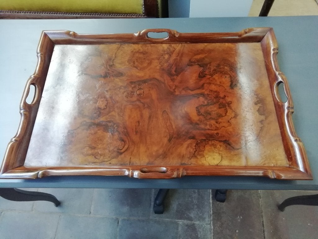 Groot wortelnotenhouten dienblad met geslepen glasplaat, Ophalen, Gebruikt, Rechthoekig, Hout