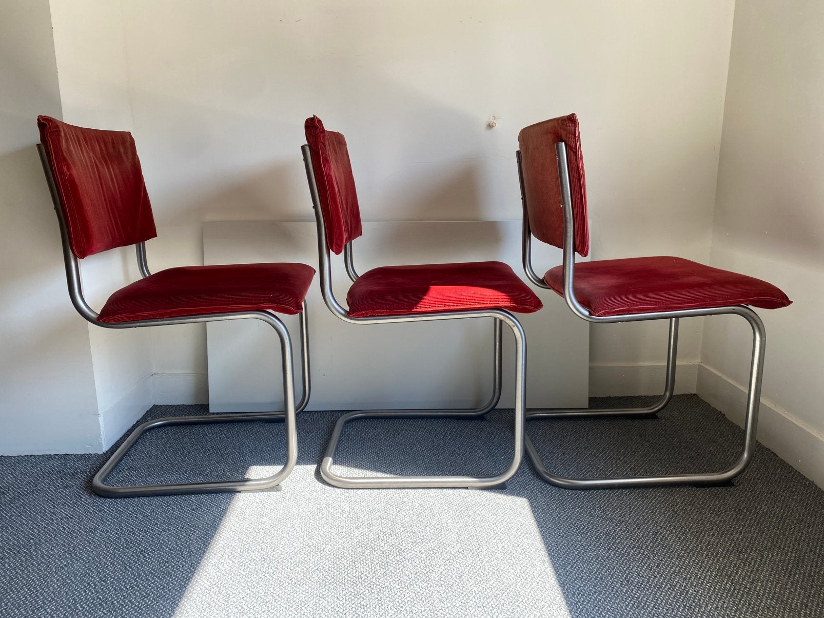 6 Dutch design buisframe eetkamerstoelen, Ophalen, Gebruikt, Stof, 50 tot 75 cm
